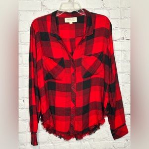 Cloth & Stone Red Black Plaid Button-Down Top Frayed Women’s Juniors Size Large